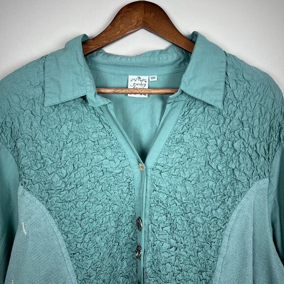 Parsley & Sage Tunic Top Womens 2X Green Blue Mixed Media Embroidered Button Up - Picture 3 of 15